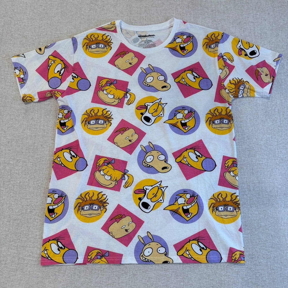 Nickelodeon Cartoon Characters All Over Print T Shirt Mens Size Large White